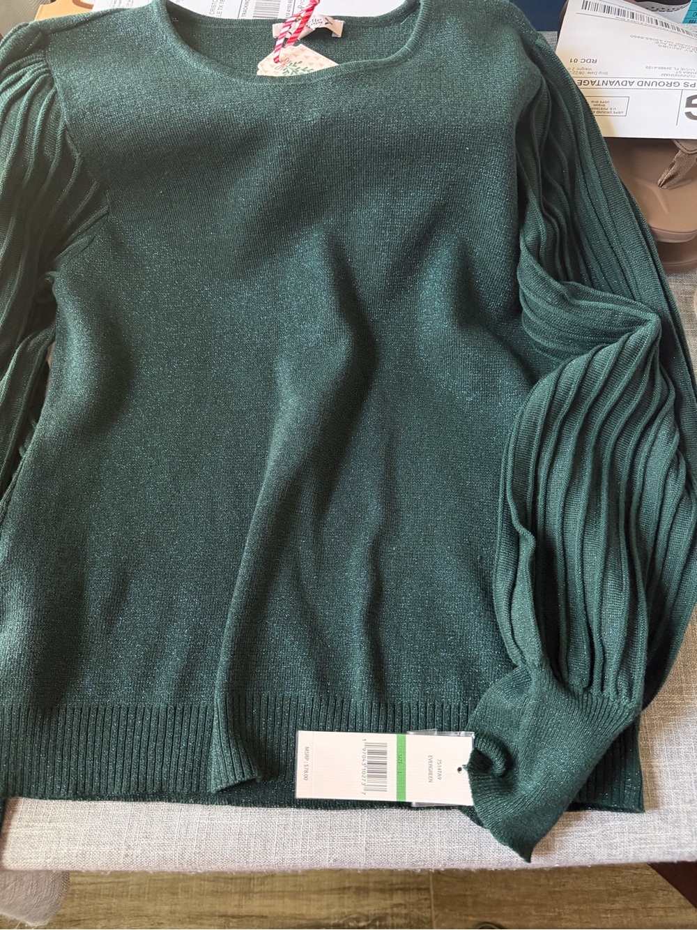 Nanette Lepore Forest Green Puff-Sleeve Knit Sweater - Picture 2 of 3